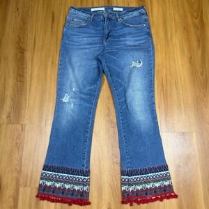 Pilcro and the Letterpress Embroidered Pom Pom Flare Jeans Blue Denim Size 30